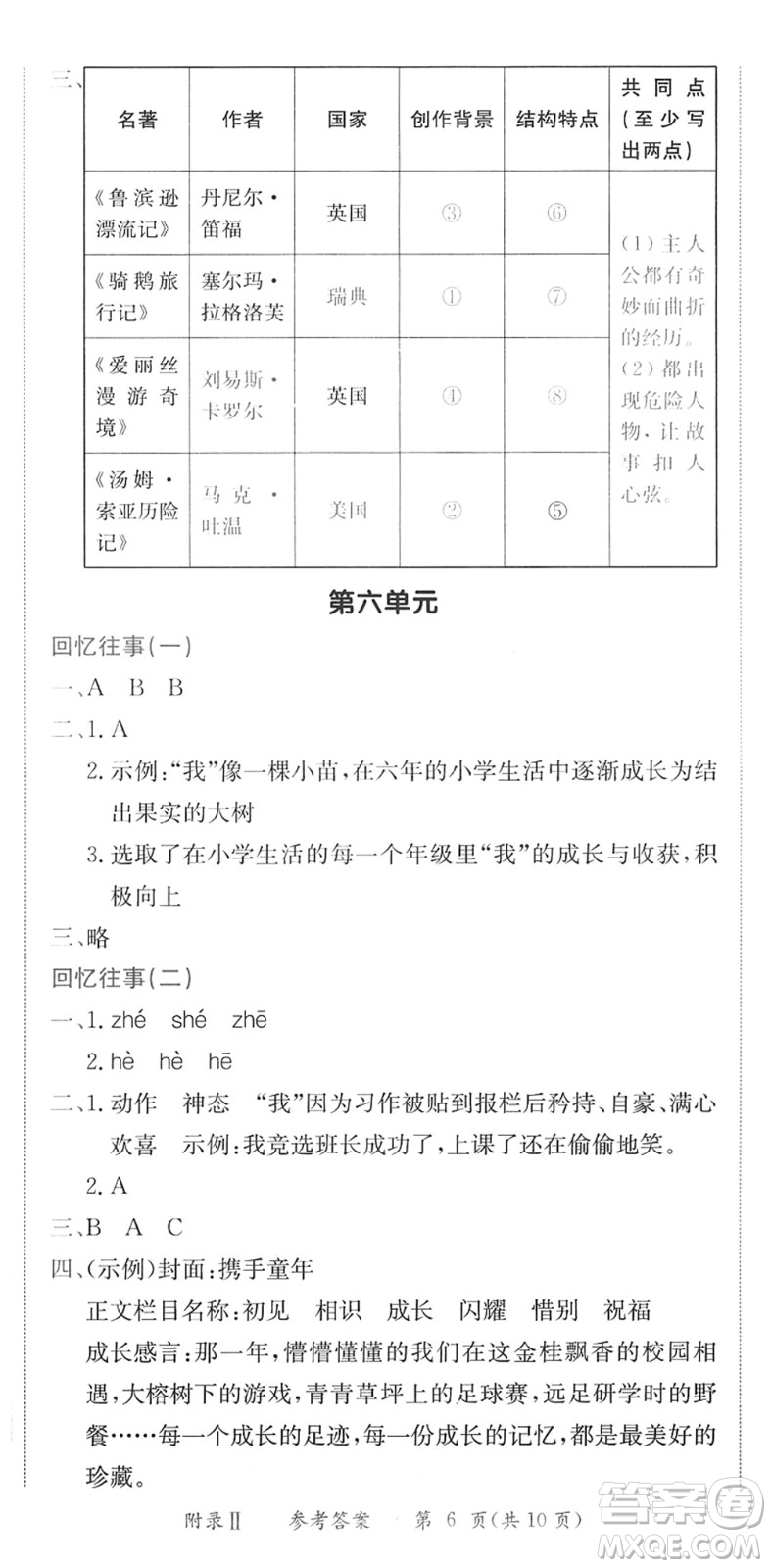 龍門書局2022黃岡小狀元作業(yè)本六年級(jí)語文下冊(cè)R人教版廣東專版答案