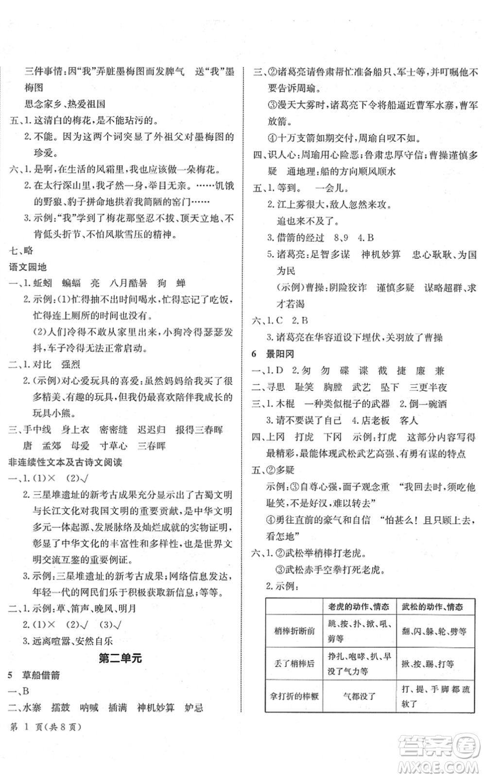 龍門書局2022黃岡小狀元作業(yè)本五年級(jí)語文下冊R人教版廣東專版答案