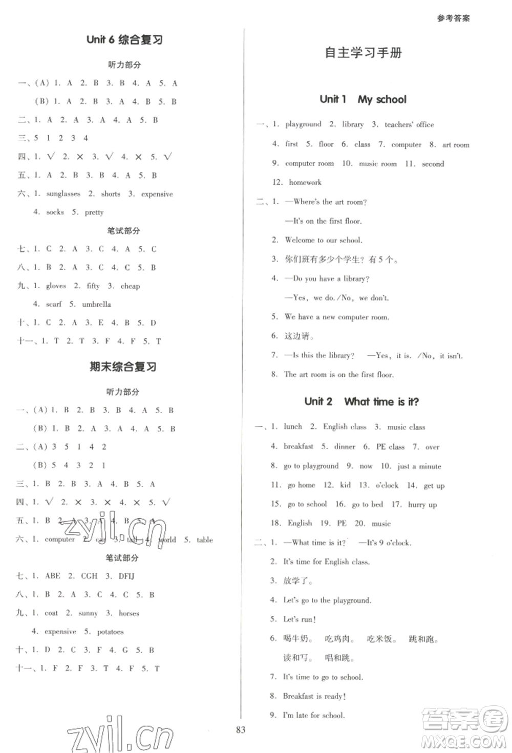 二十一世紀(jì)出版社集團(tuán)2022多A課堂課時(shí)廣東作業(yè)本四年級下冊英語人教版參考答案