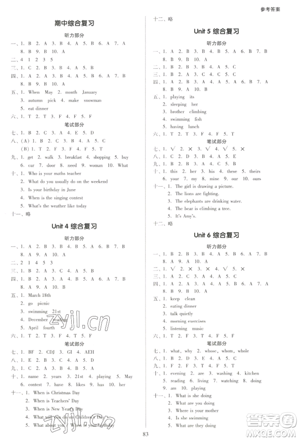 二十一世紀出版社集團2022多A課堂課時廣東作業(yè)本五年級下冊英語人教版參考答案