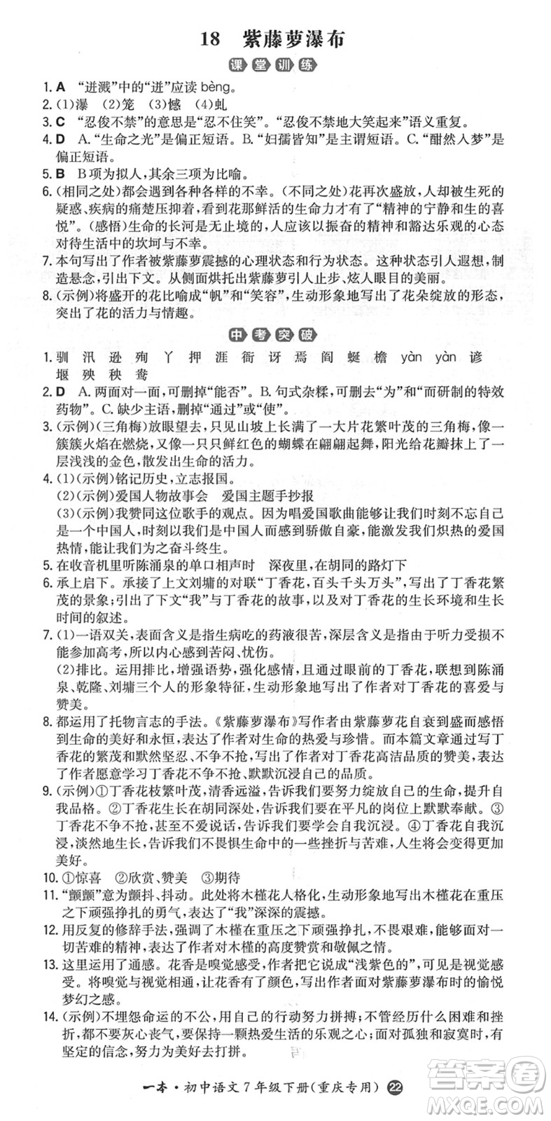 湖南教育出版社2022一本同步訓(xùn)練七年級語文下冊RJ人教版重慶專版答案