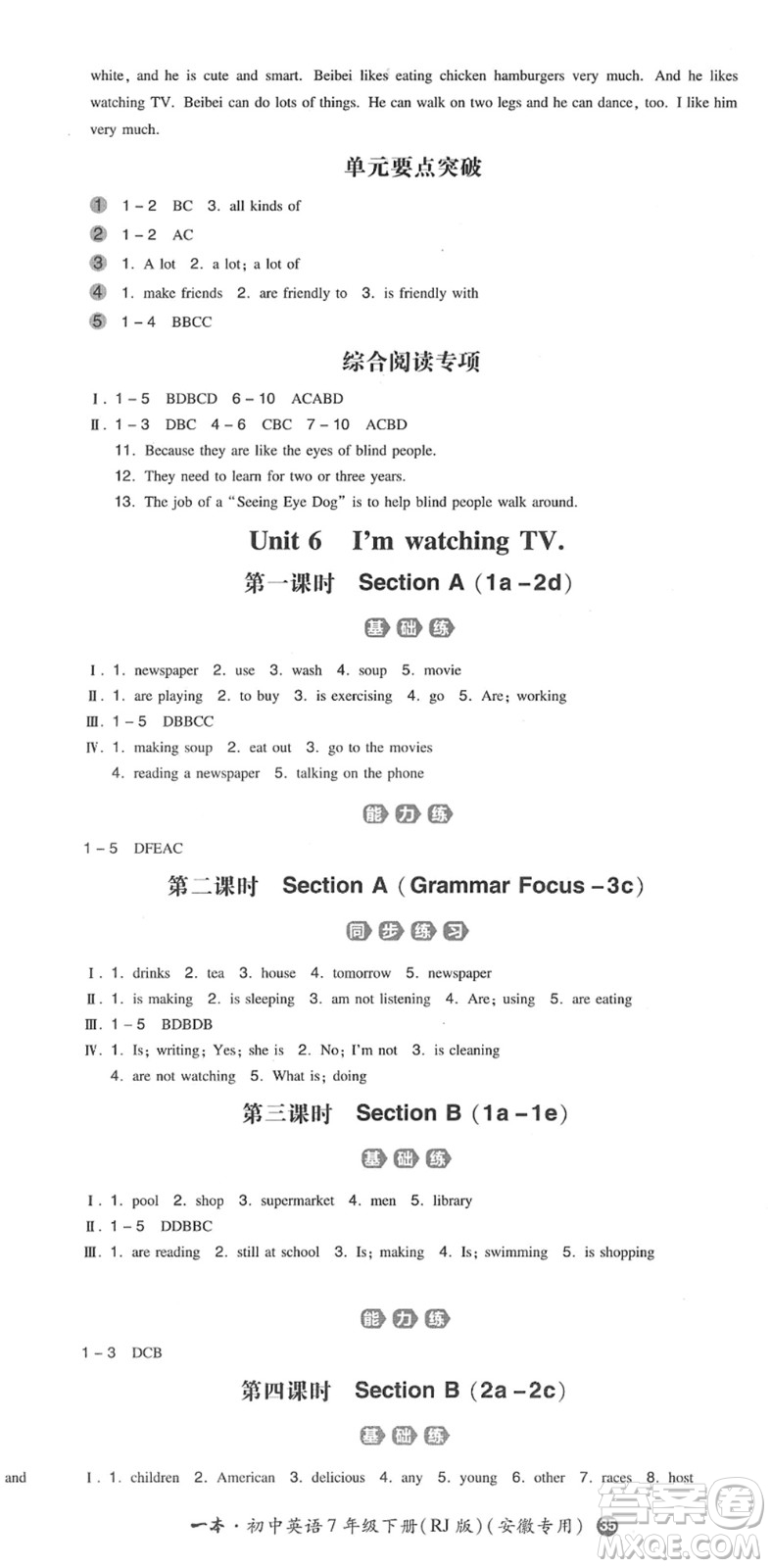 湖南教育出版社2022一本同步訓(xùn)練七年級(jí)英語(yǔ)下冊(cè)RJ人教版安徽專(zhuān)版答案