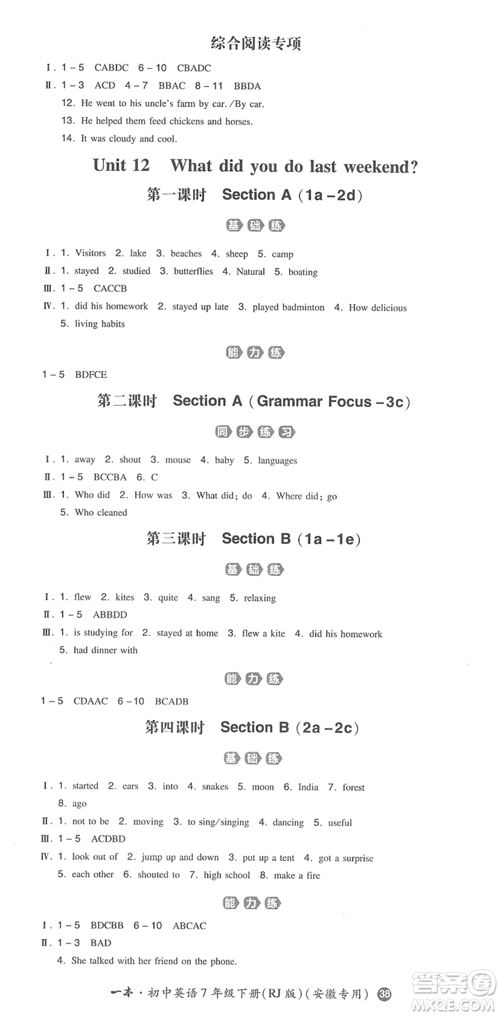 湖南教育出版社2022一本同步訓(xùn)練七年級(jí)英語(yǔ)下冊(cè)RJ人教版安徽專(zhuān)版答案