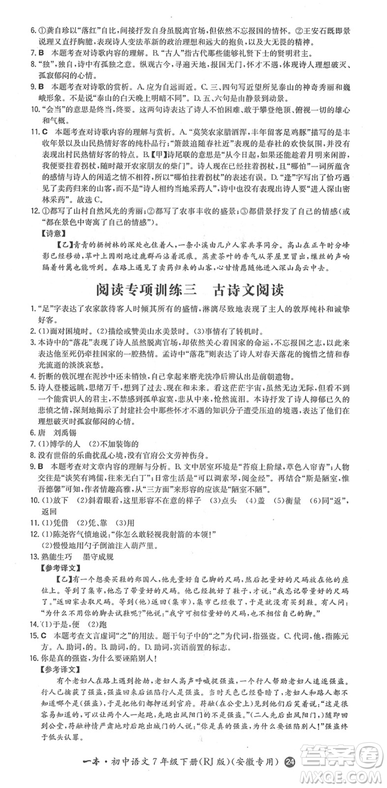 湖南教育出版社2022一本同步訓(xùn)練七年級(jí)語(yǔ)文下冊(cè)RJ人教版安徽專(zhuān)版答案