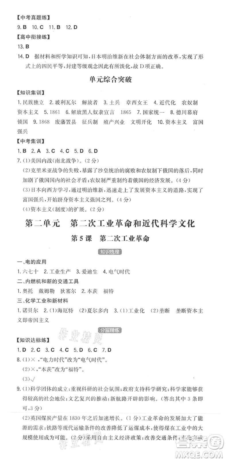 湖南教育出版社2022一本同步訓(xùn)練九年級歷史下冊RJ人教版安徽專版答案