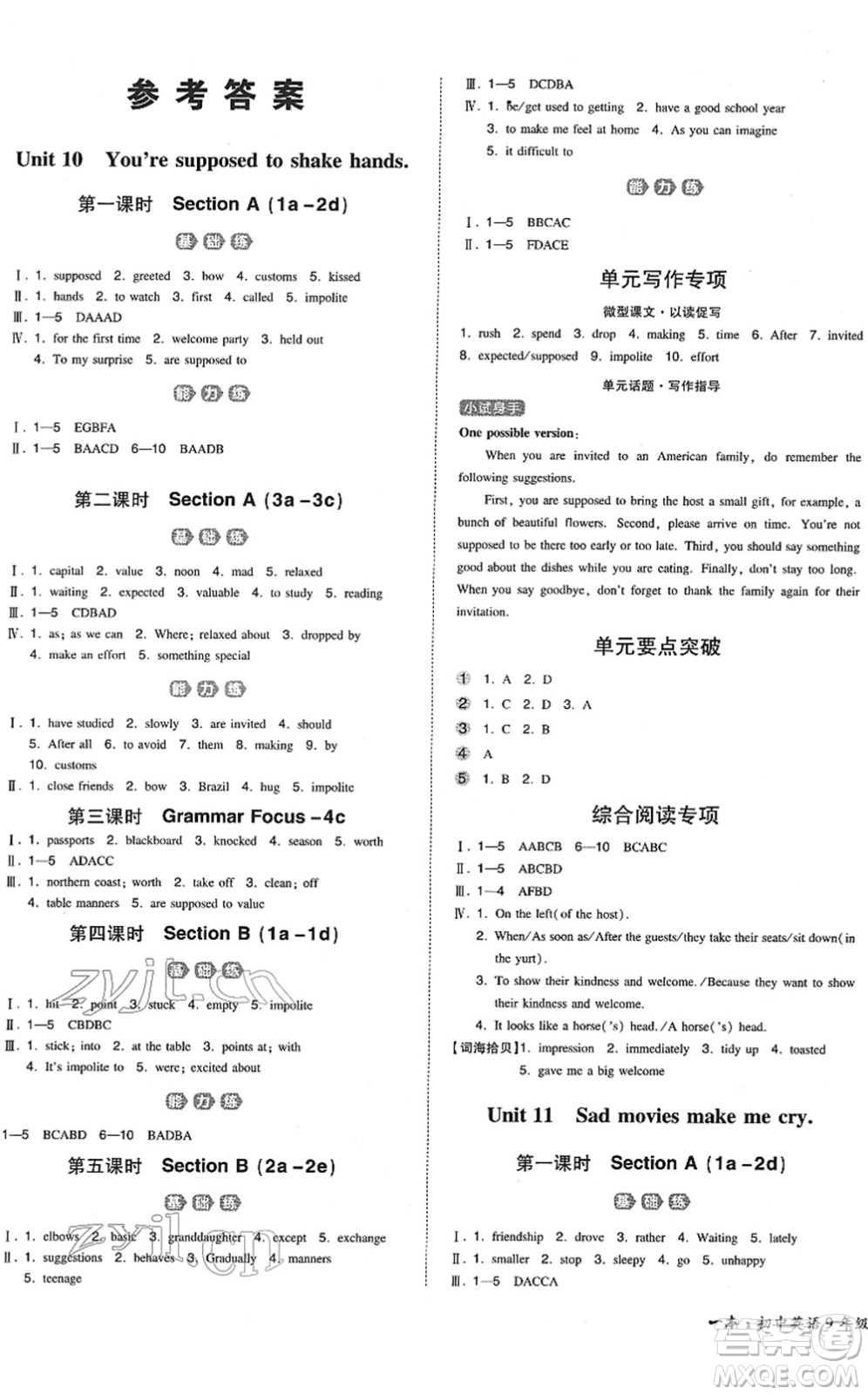 湖南教育出版社2022一本同步訓(xùn)練九年級英語下冊RJ人教版答案