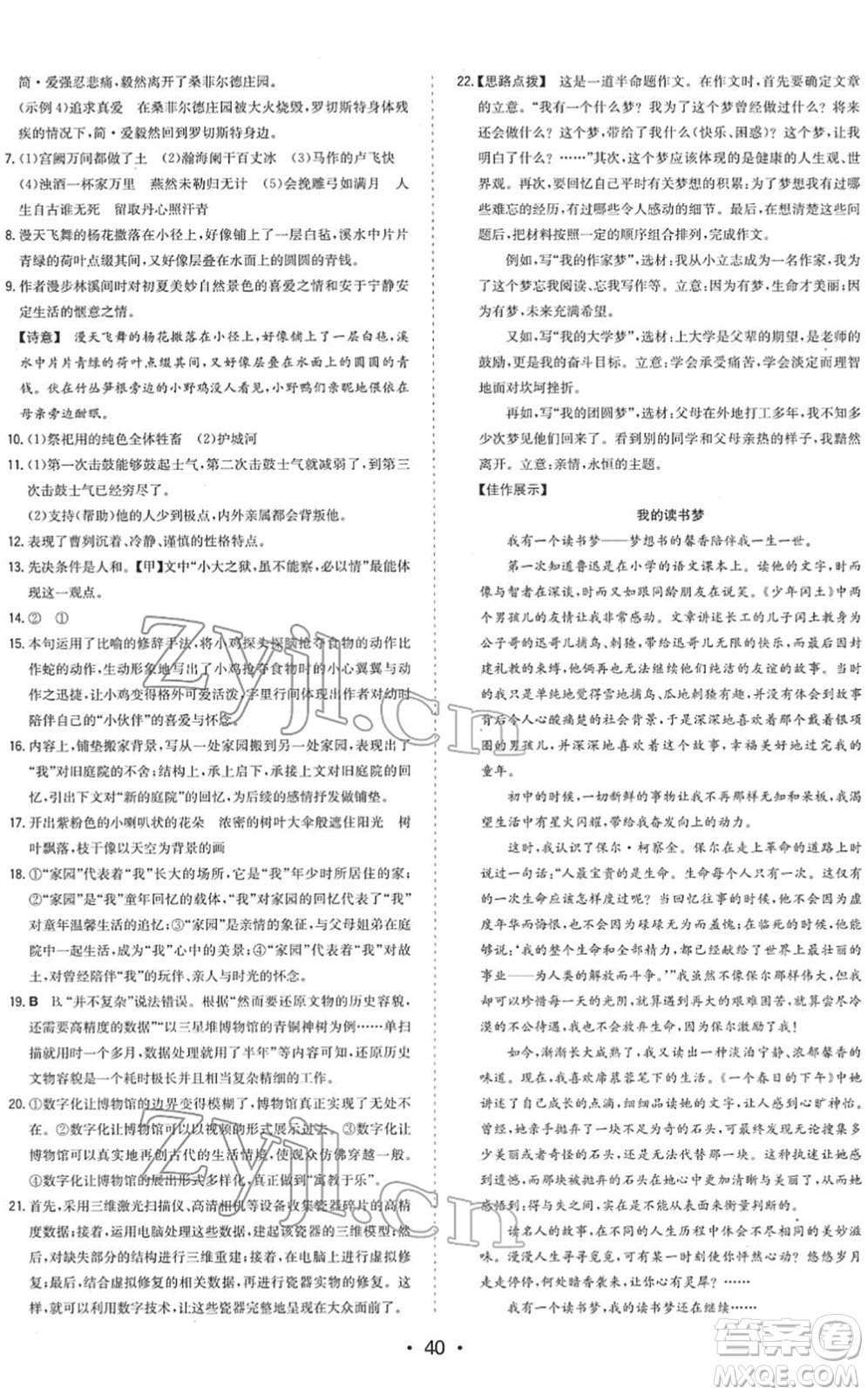 湖南教育出版社2022一本同步訓練九年級語文下冊RJ人教版答案