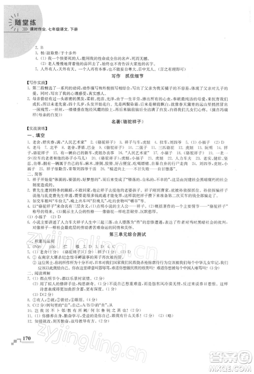 河海大學(xué)出版社2022隨堂練課時作業(yè)七年級下冊語文人教版參考答案