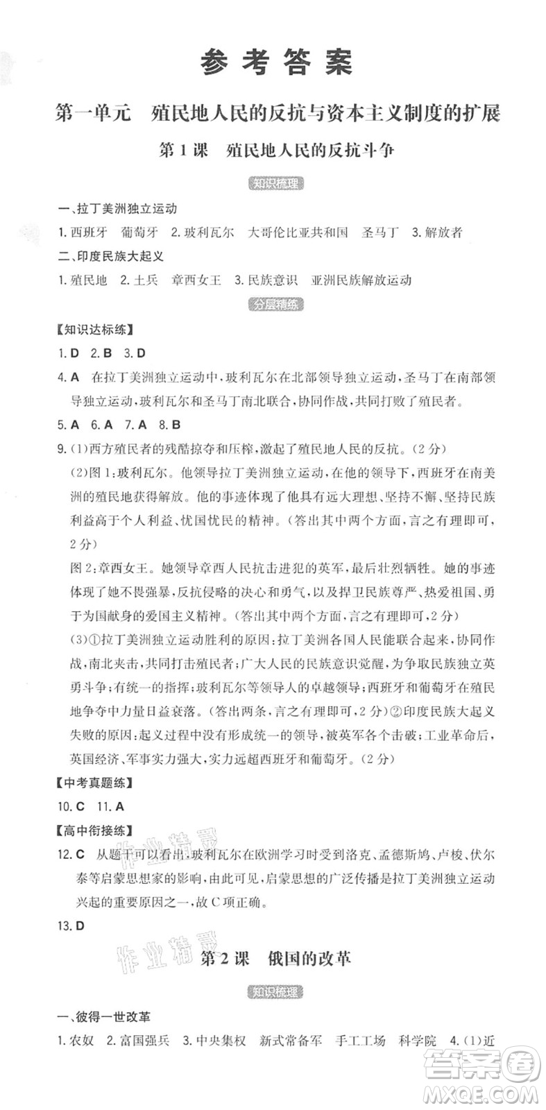 湖南教育出版社2022一本同步訓(xùn)練九年級(jí)歷史下冊(cè)RJ人教版答案