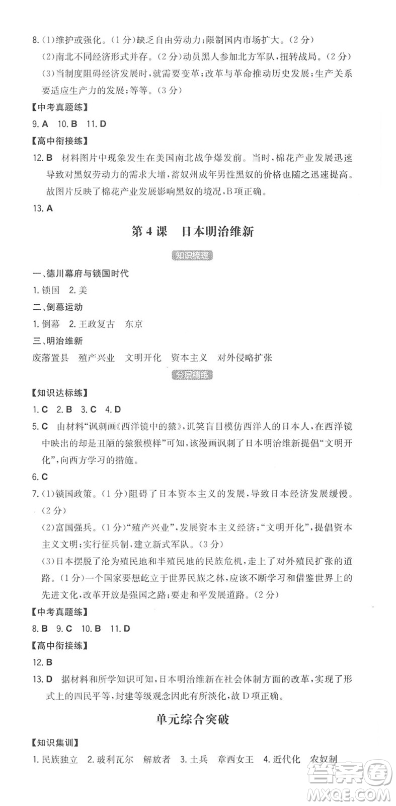 湖南教育出版社2022一本同步訓(xùn)練九年級(jí)歷史下冊(cè)RJ人教版答案