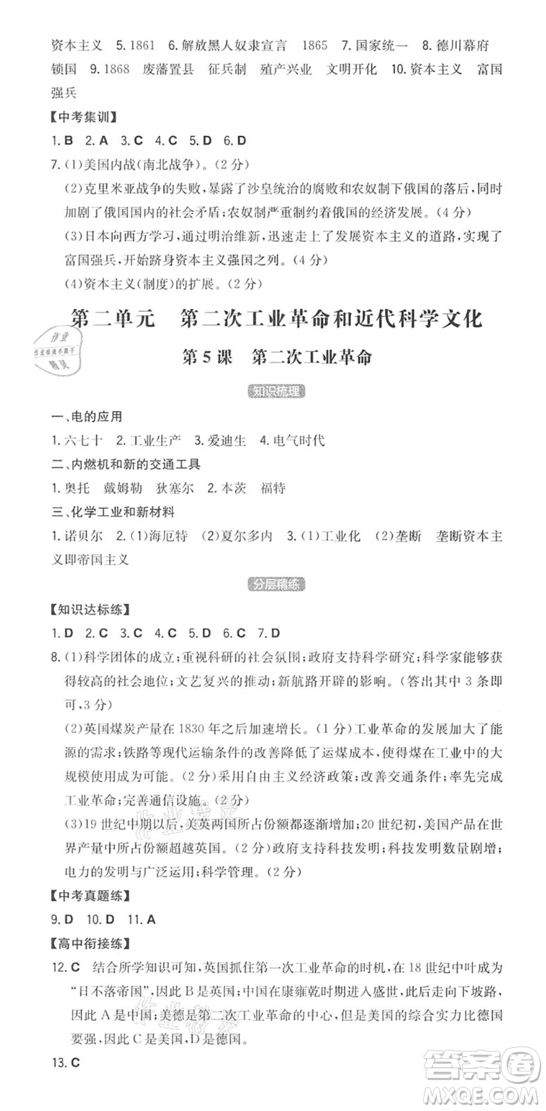 湖南教育出版社2022一本同步訓(xùn)練九年級(jí)歷史下冊(cè)RJ人教版答案