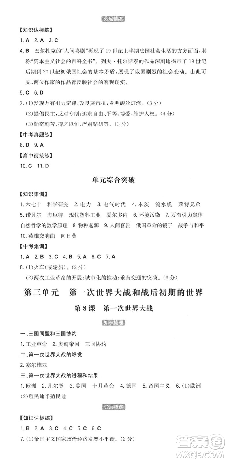 湖南教育出版社2022一本同步訓(xùn)練九年級(jí)歷史下冊(cè)RJ人教版答案