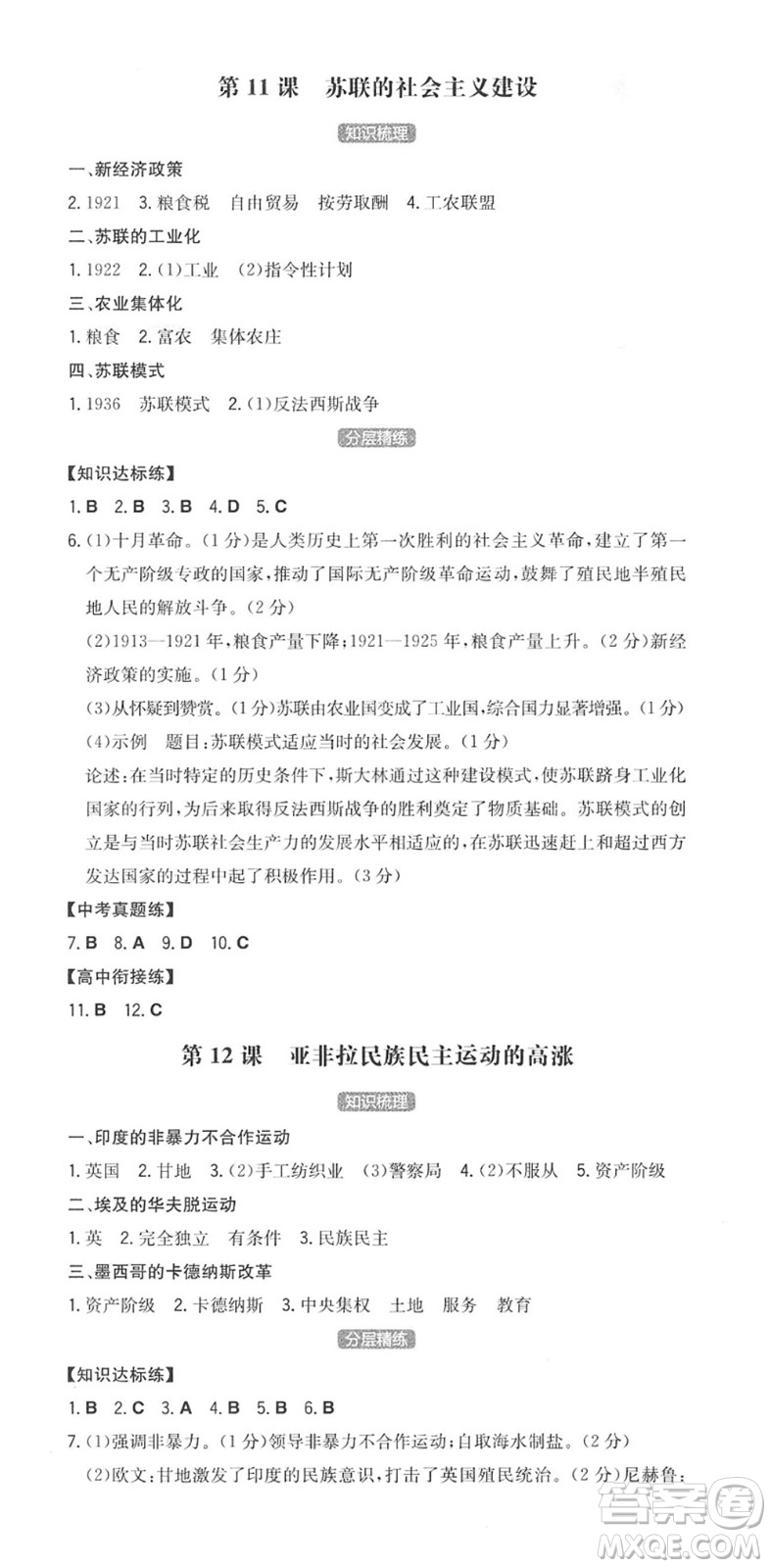 湖南教育出版社2022一本同步訓(xùn)練九年級(jí)歷史下冊(cè)RJ人教版答案