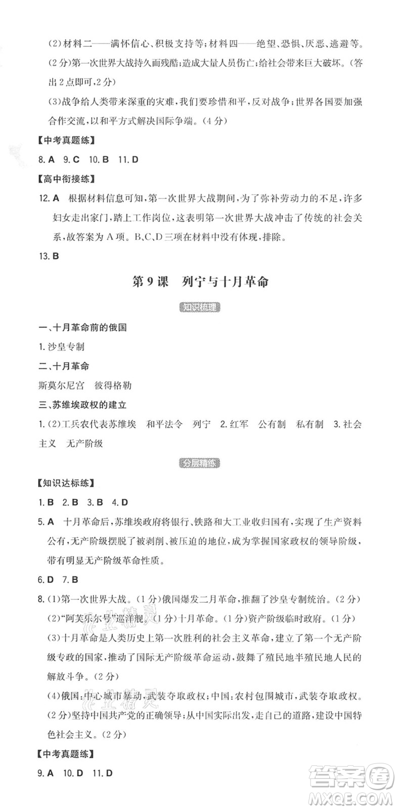 湖南教育出版社2022一本同步訓(xùn)練九年級(jí)歷史下冊(cè)RJ人教版答案