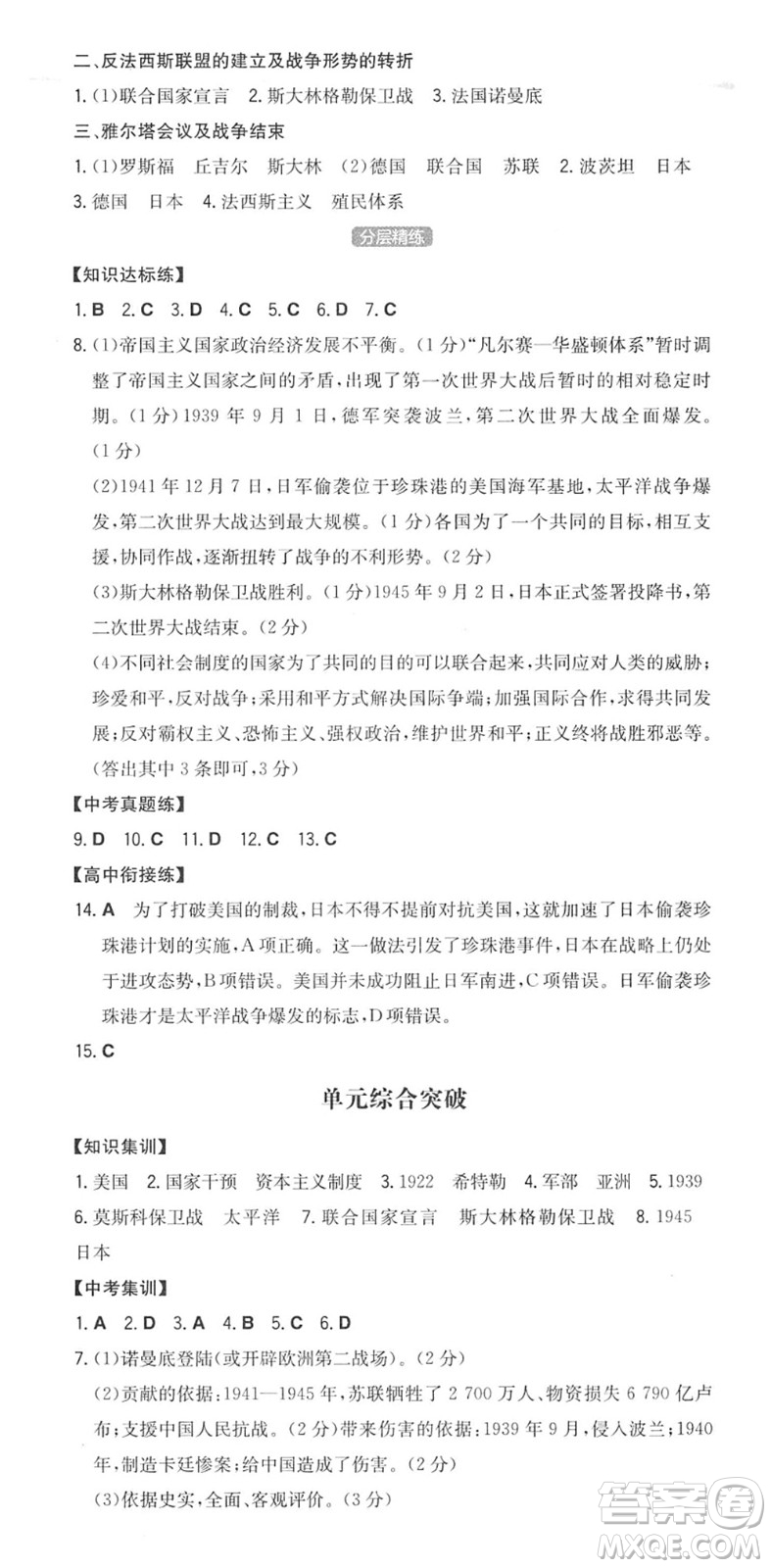 湖南教育出版社2022一本同步訓(xùn)練九年級(jí)歷史下冊(cè)RJ人教版答案