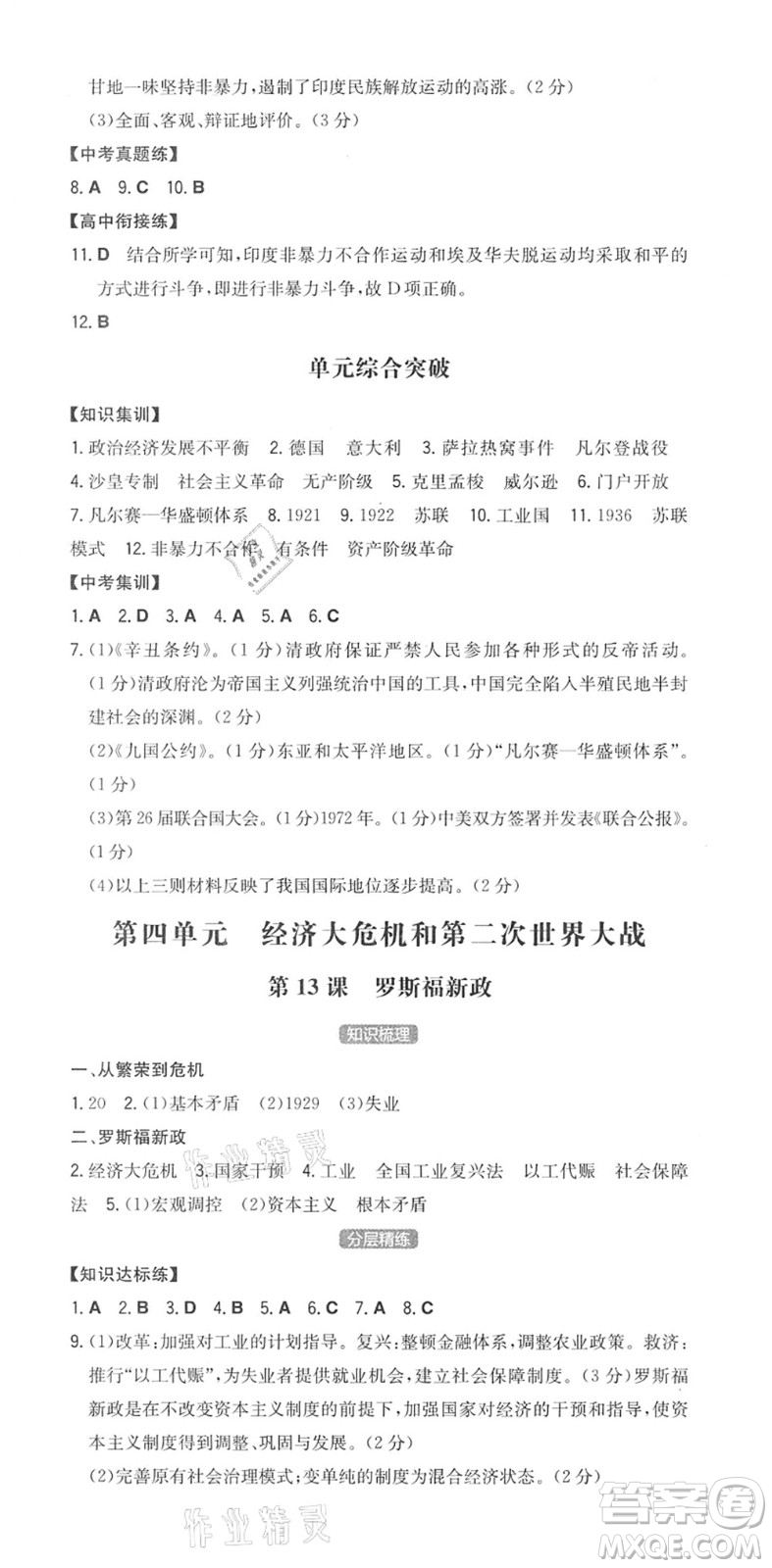 湖南教育出版社2022一本同步訓(xùn)練九年級(jí)歷史下冊(cè)RJ人教版答案