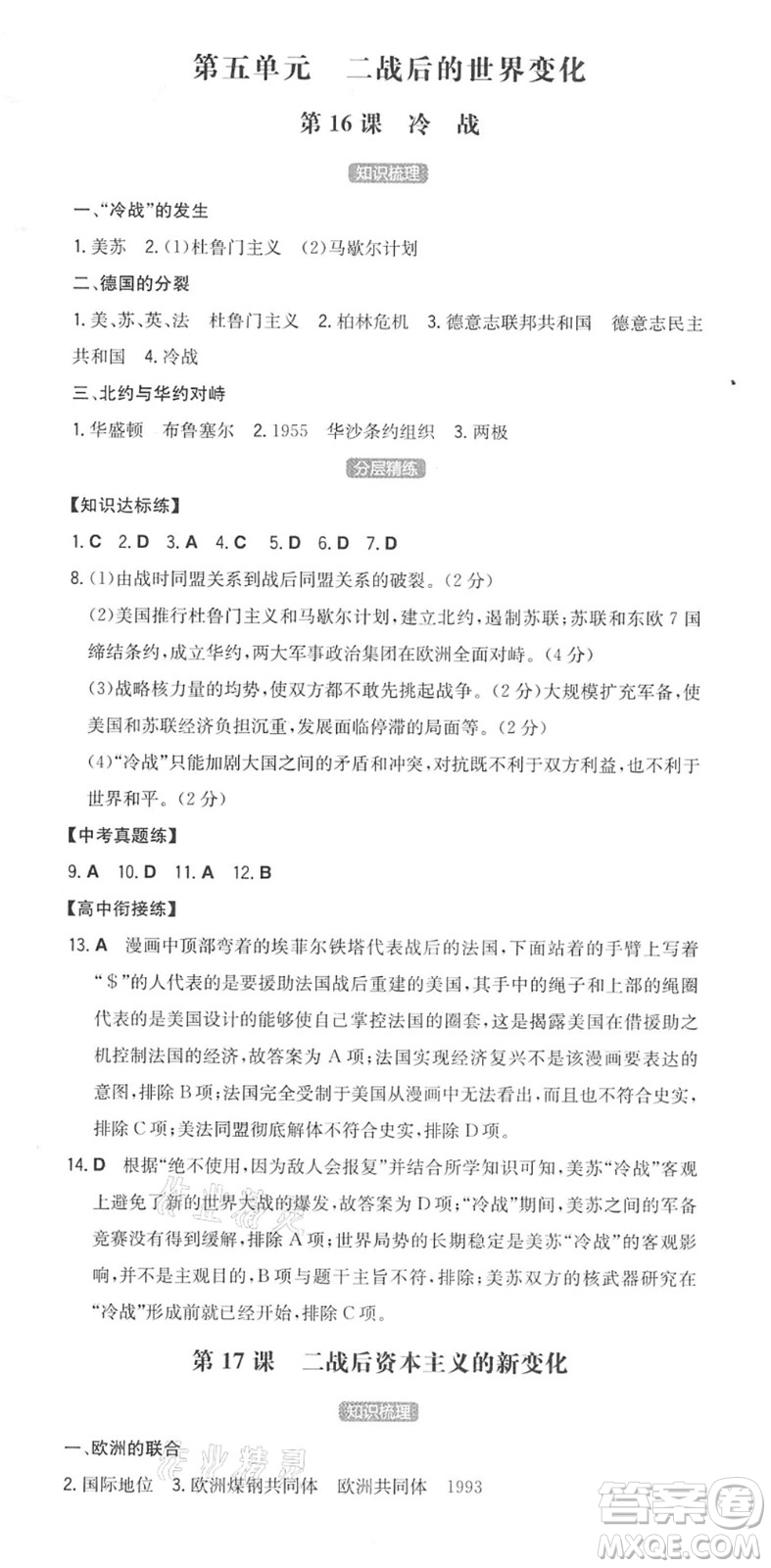 湖南教育出版社2022一本同步訓(xùn)練九年級(jí)歷史下冊(cè)RJ人教版答案