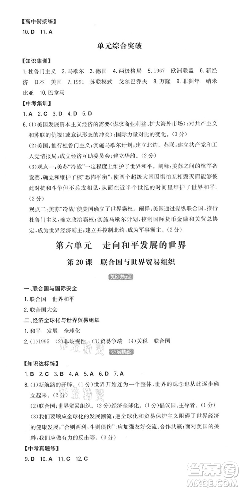 湖南教育出版社2022一本同步訓(xùn)練九年級(jí)歷史下冊(cè)RJ人教版答案