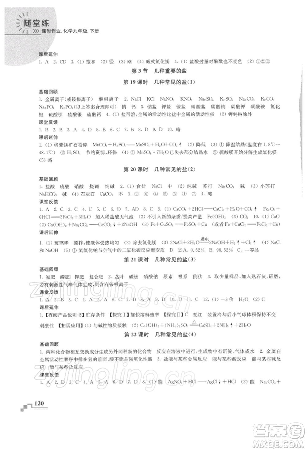 南京出版社2022隨堂練課時作業(yè)九年級下冊化學滬教版參考答案