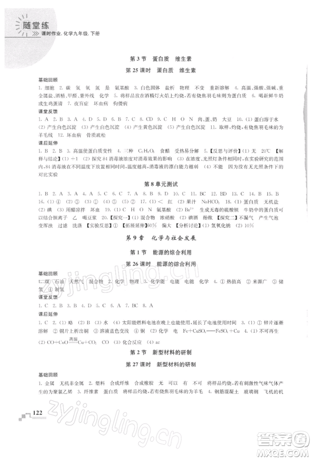 南京出版社2022隨堂練課時作業(yè)九年級下冊化學滬教版參考答案