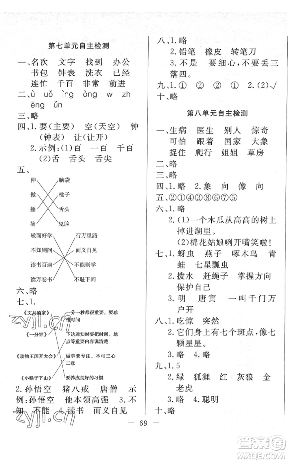 湖北教育出版社2022黃岡測試卷系列自主檢測一年級語文下冊人教版答案