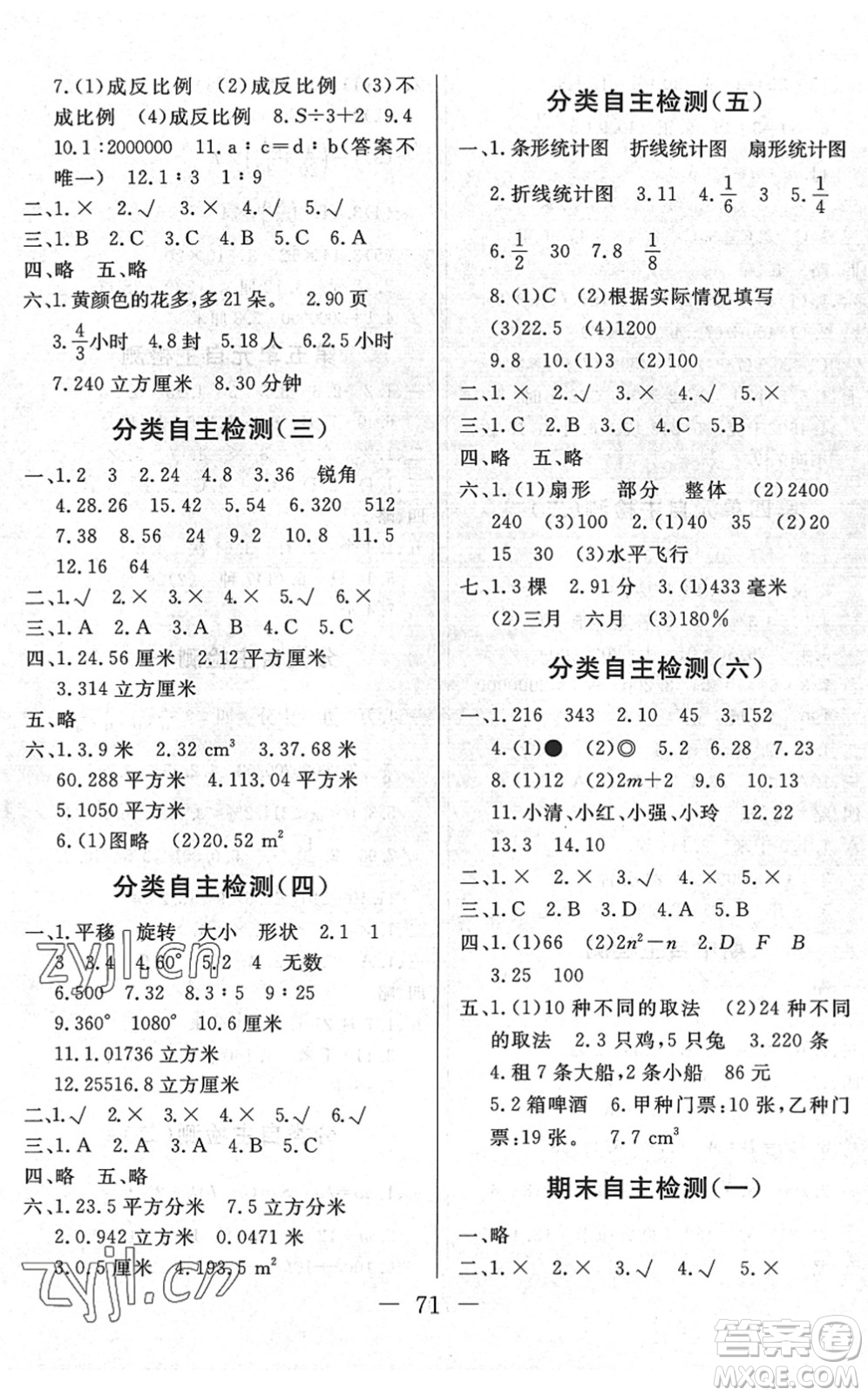 湖北教育出版社2022黃岡測試卷系列自主檢測六年級數(shù)學下冊RJ人教版答案