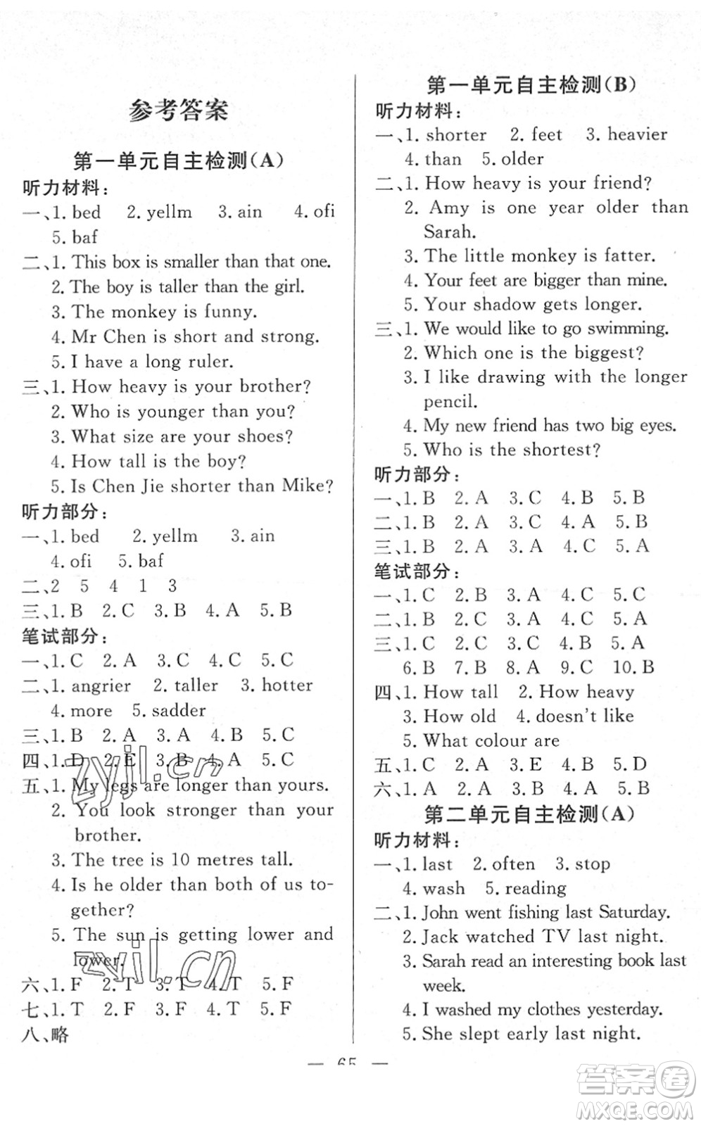 湖北教育出版社2022黃岡測試卷系列自主檢測六年級英語下冊RJ人教版答案