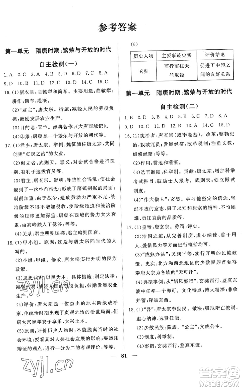 湖北教育出版社2022黃岡測試卷系列自主檢測七年級歷史下冊人教版答案