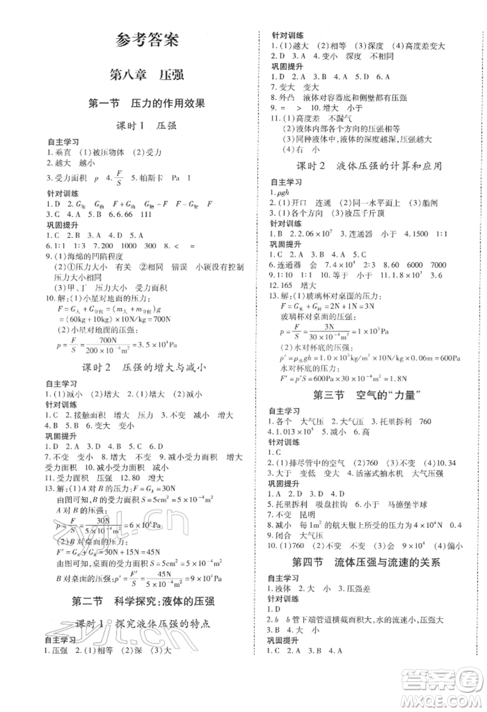 沈陽出版社2022本土攻略八年級下冊物理人教版參考答案