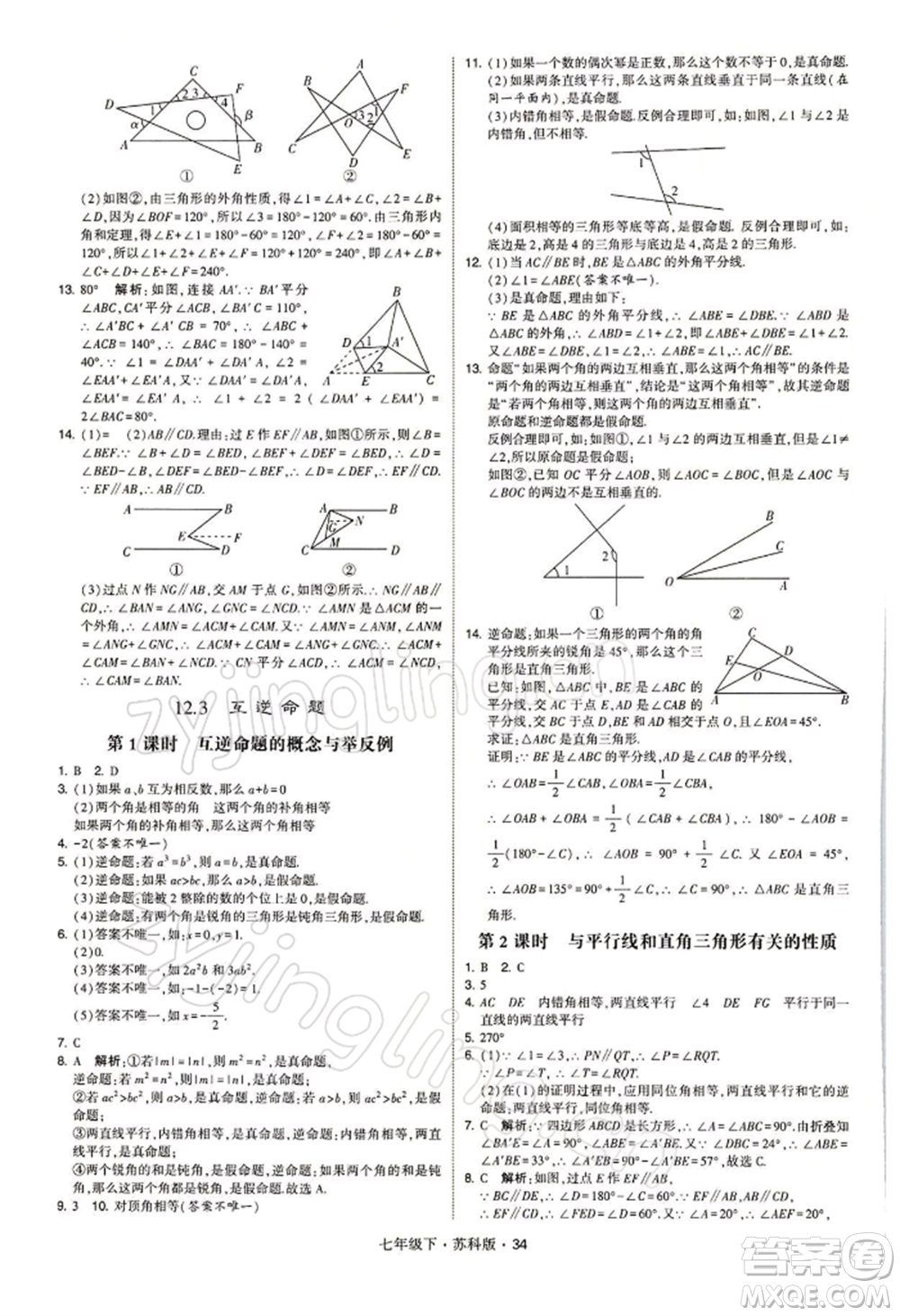 新疆少年兒童出版社2022學(xué)霸題中題七年級(jí)下冊(cè)數(shù)學(xué)蘇科版參考答案