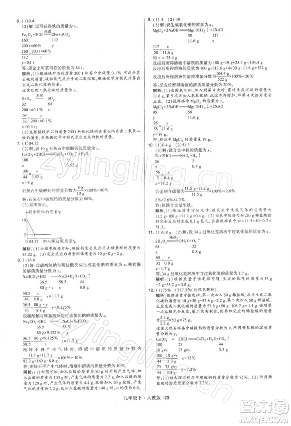 新疆少年兒童出版社2022學(xué)霸題中題九年級(jí)下冊(cè)化學(xué)人教版參考答案