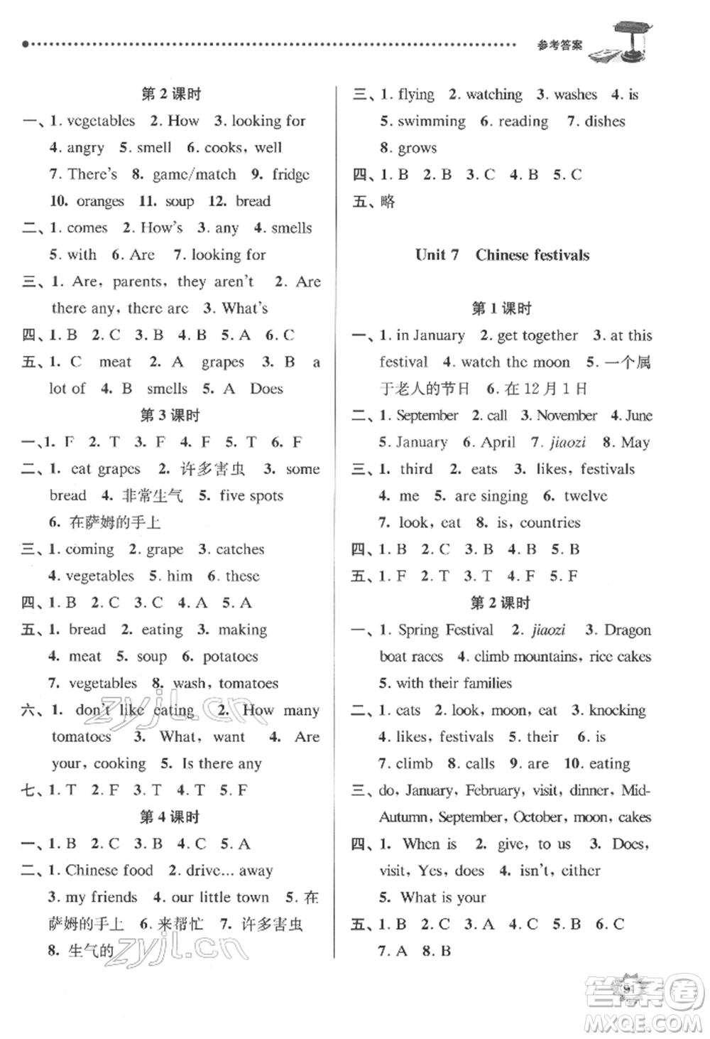 南京大學(xué)出版社2022課時(shí)天天練五年級(jí)下冊(cè)英語譯林版參考答案