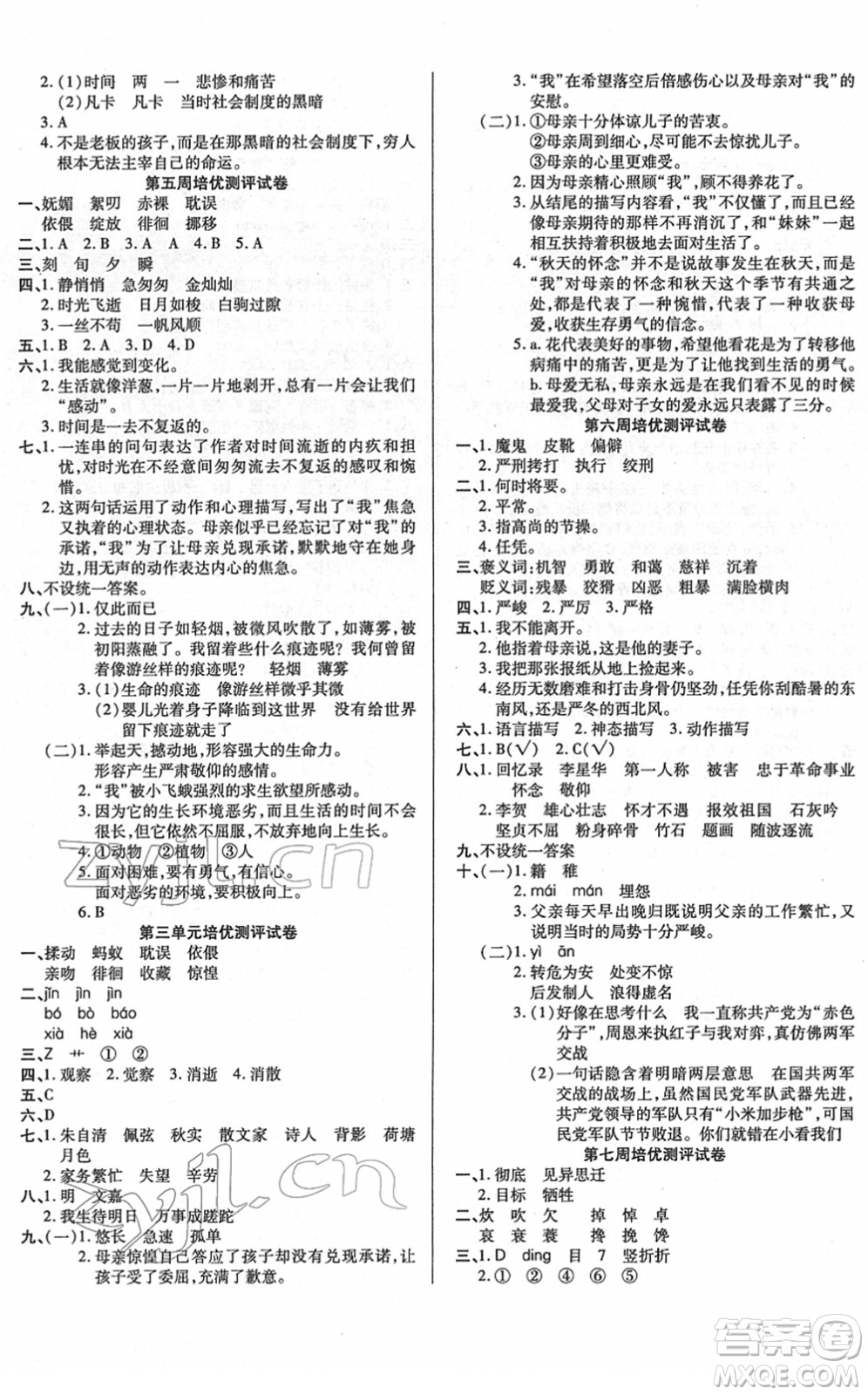 武漢大學(xué)出版社2022培優(yōu)名卷全能卷六年級(jí)語(yǔ)文下冊(cè)人教版答案