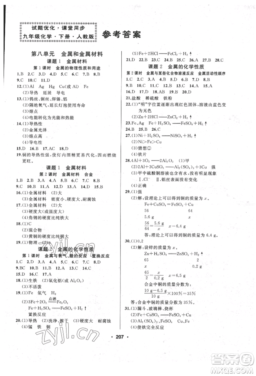 延邊人民出版社2022試題優(yōu)化課堂同步九年級(jí)下冊(cè)化學(xué)人教版參考答案