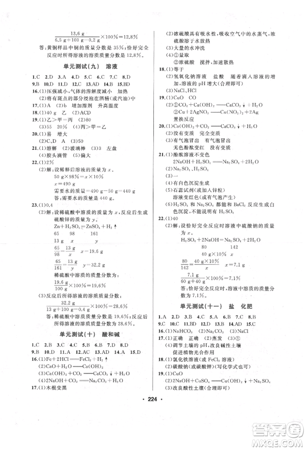 延邊人民出版社2022試題優(yōu)化課堂同步九年級(jí)下冊(cè)化學(xué)人教版參考答案