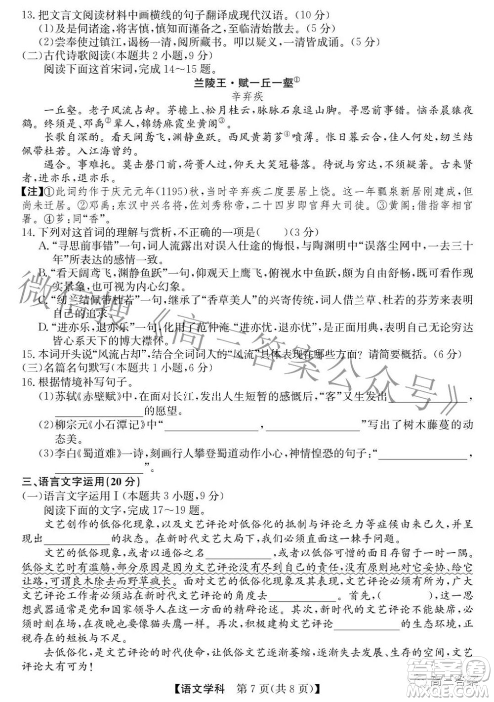 安徽省2022年高考考前適應(yīng)性考試語(yǔ)文試題及答案