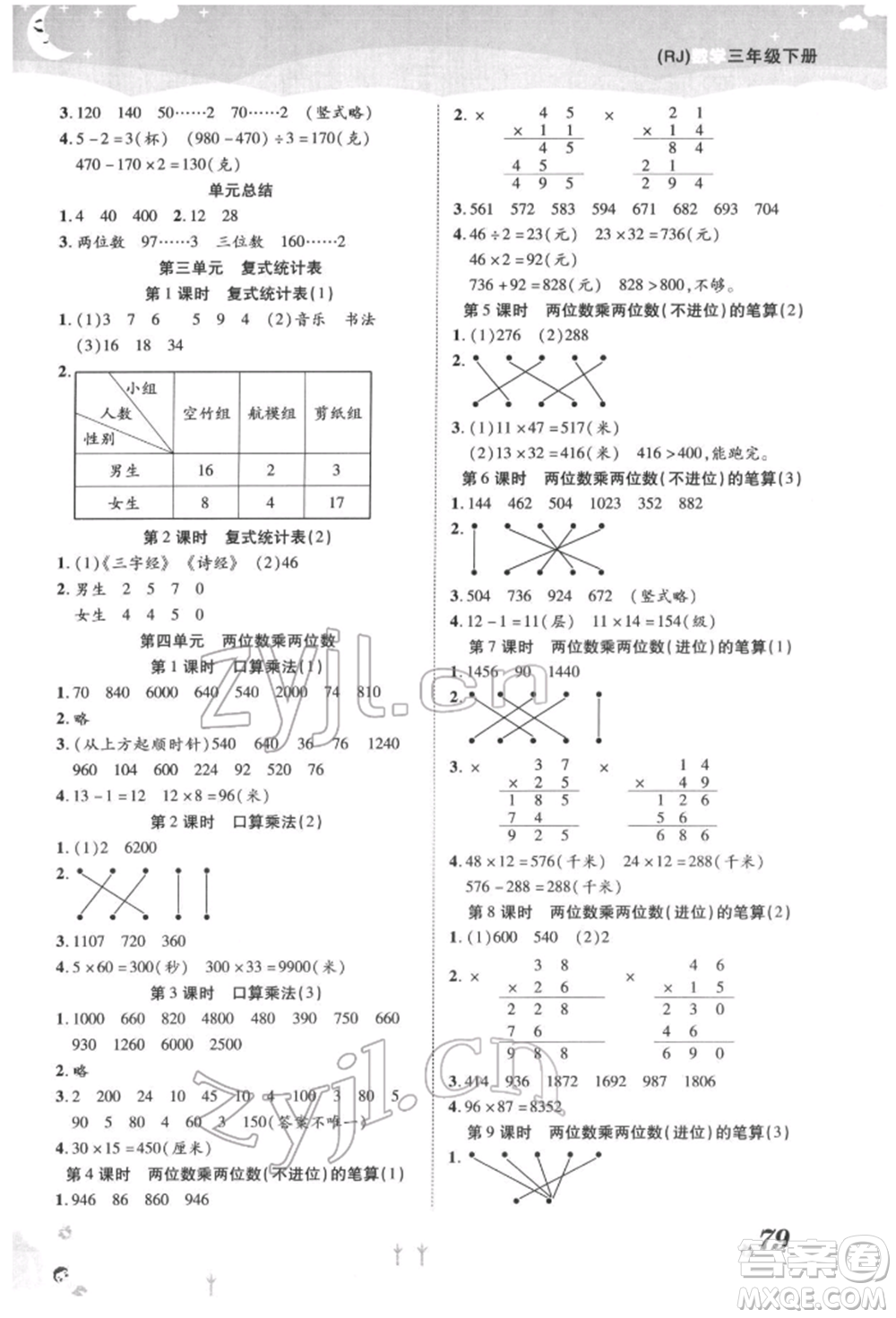 中州古籍出版社2022黃岡課課練三年級下冊數(shù)學人教版參考答案