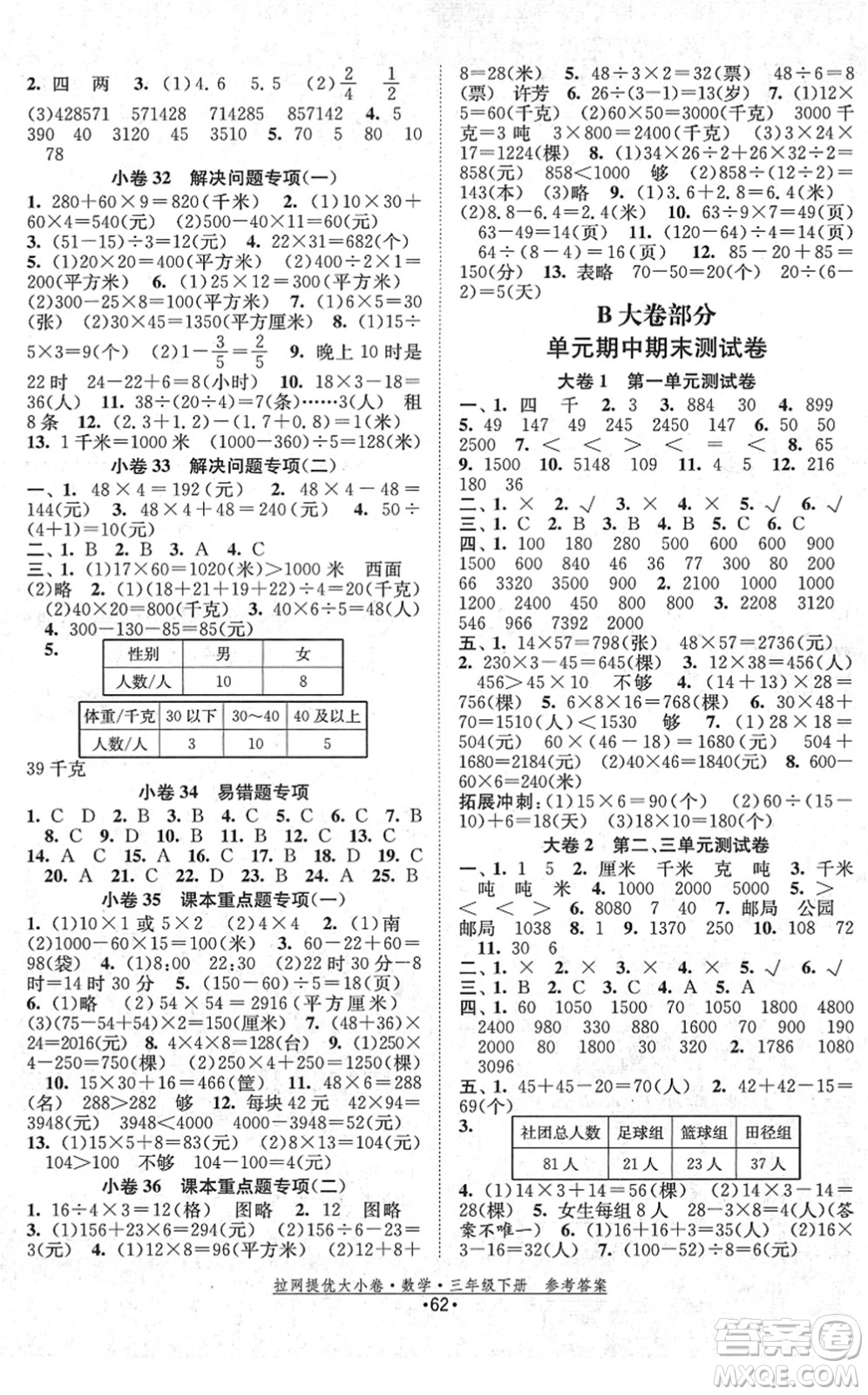 福建人民出版社2022拉網(wǎng)提優(yōu)大小卷三年級(jí)數(shù)學(xué)下冊(cè)SJ蘇教版答案