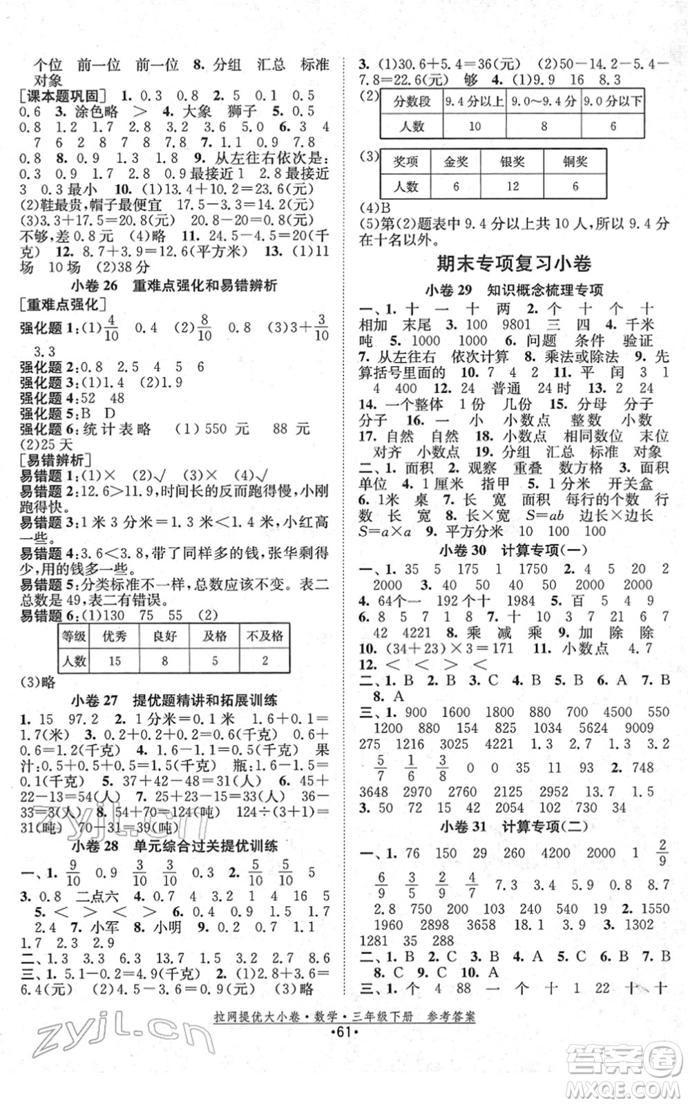 福建人民出版社2022拉網(wǎng)提優(yōu)大小卷三年級(jí)數(shù)學(xué)下冊(cè)SJ蘇教版答案