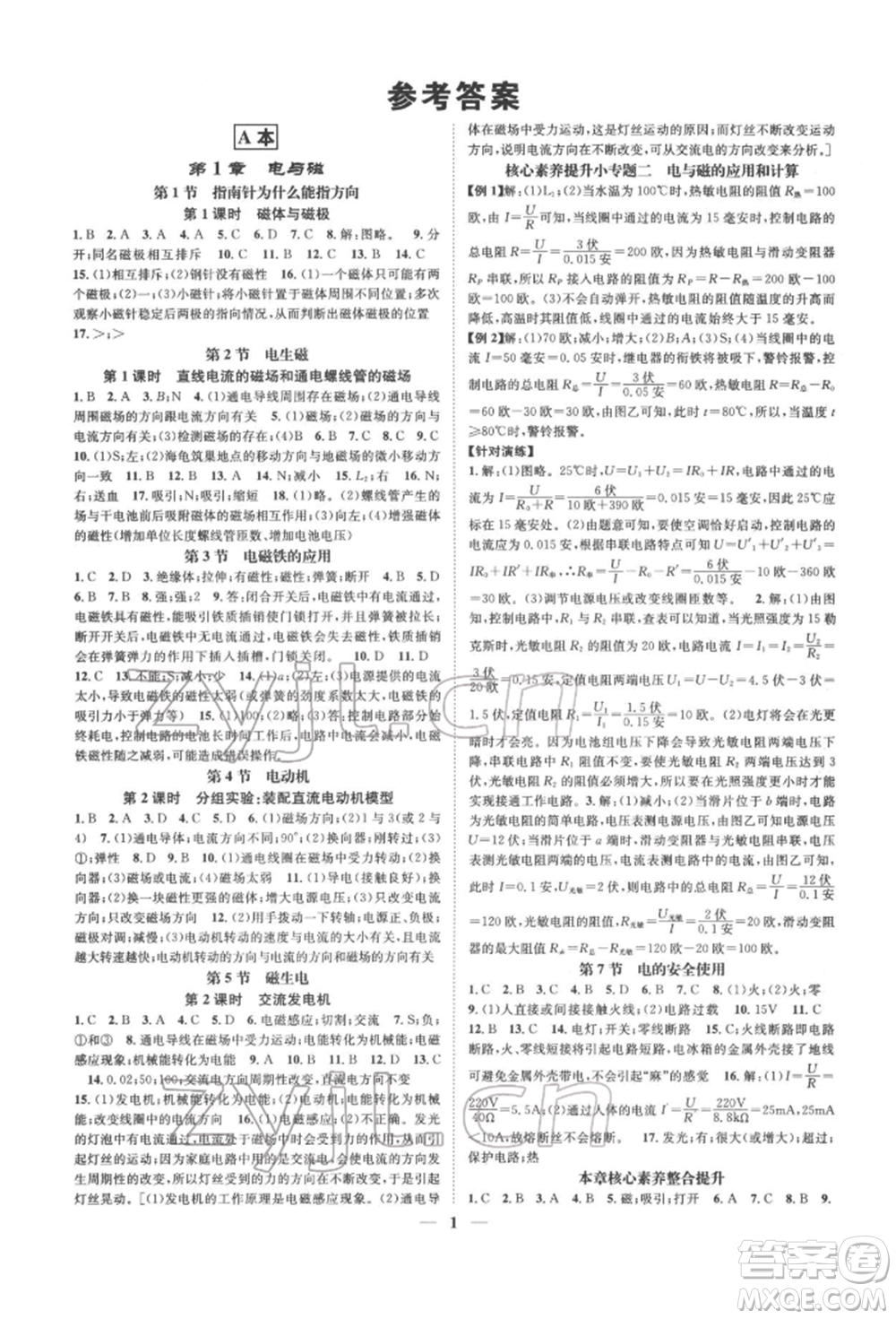 天津科學(xué)技術(shù)出版社2022智慧學(xué)堂核心素養(yǎng)提升法A本八年級下冊科學(xué)浙教版浙江專版參考答案