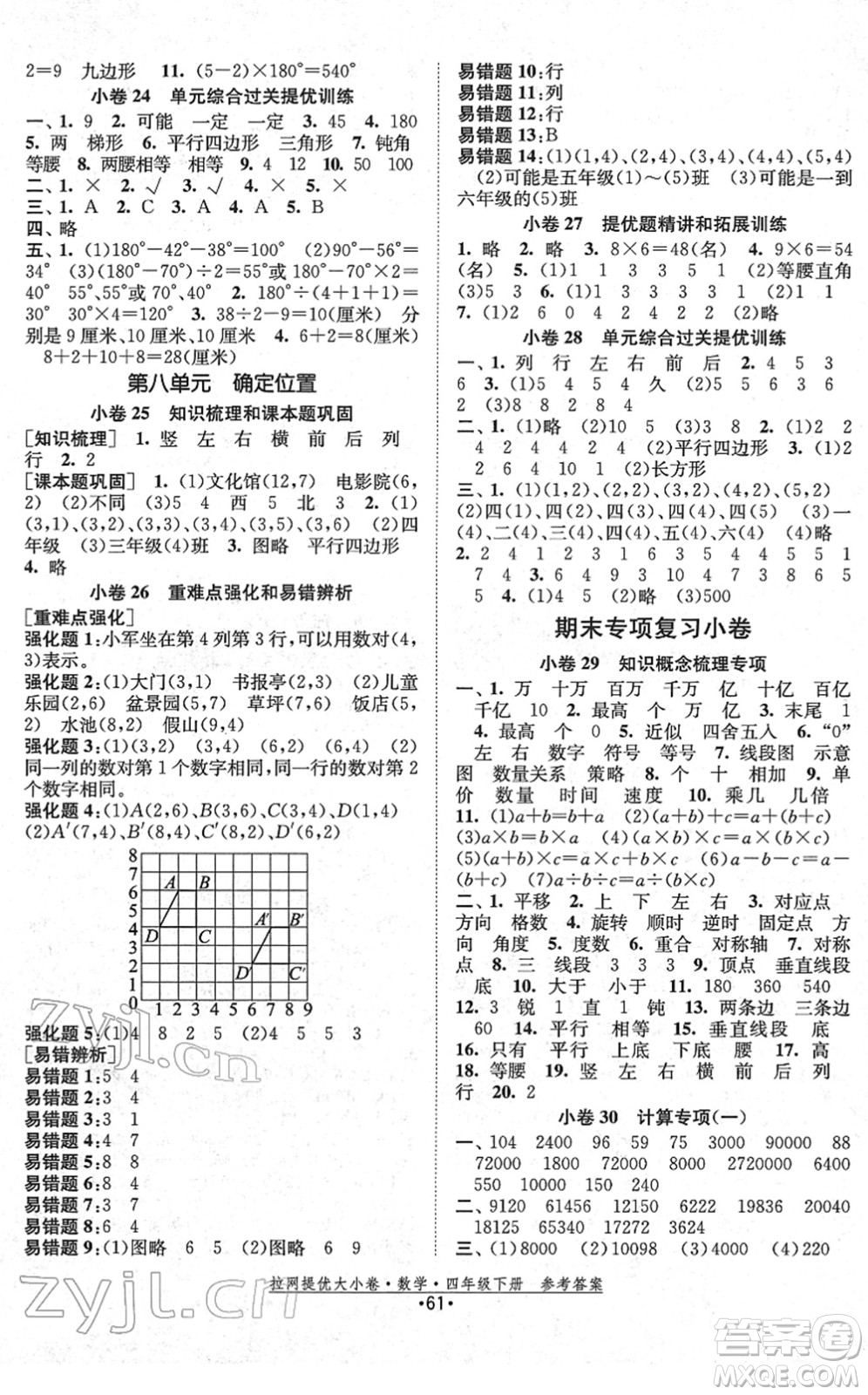 福建人民出版社2022拉網(wǎng)提優(yōu)大小卷四年級數(shù)學下冊SJ蘇教版答案