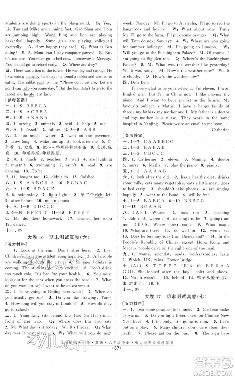 福建人民出版社2022拉網(wǎng)提優(yōu)大小卷六年級(jí)英語(yǔ)下冊(cè)YL譯林版答案