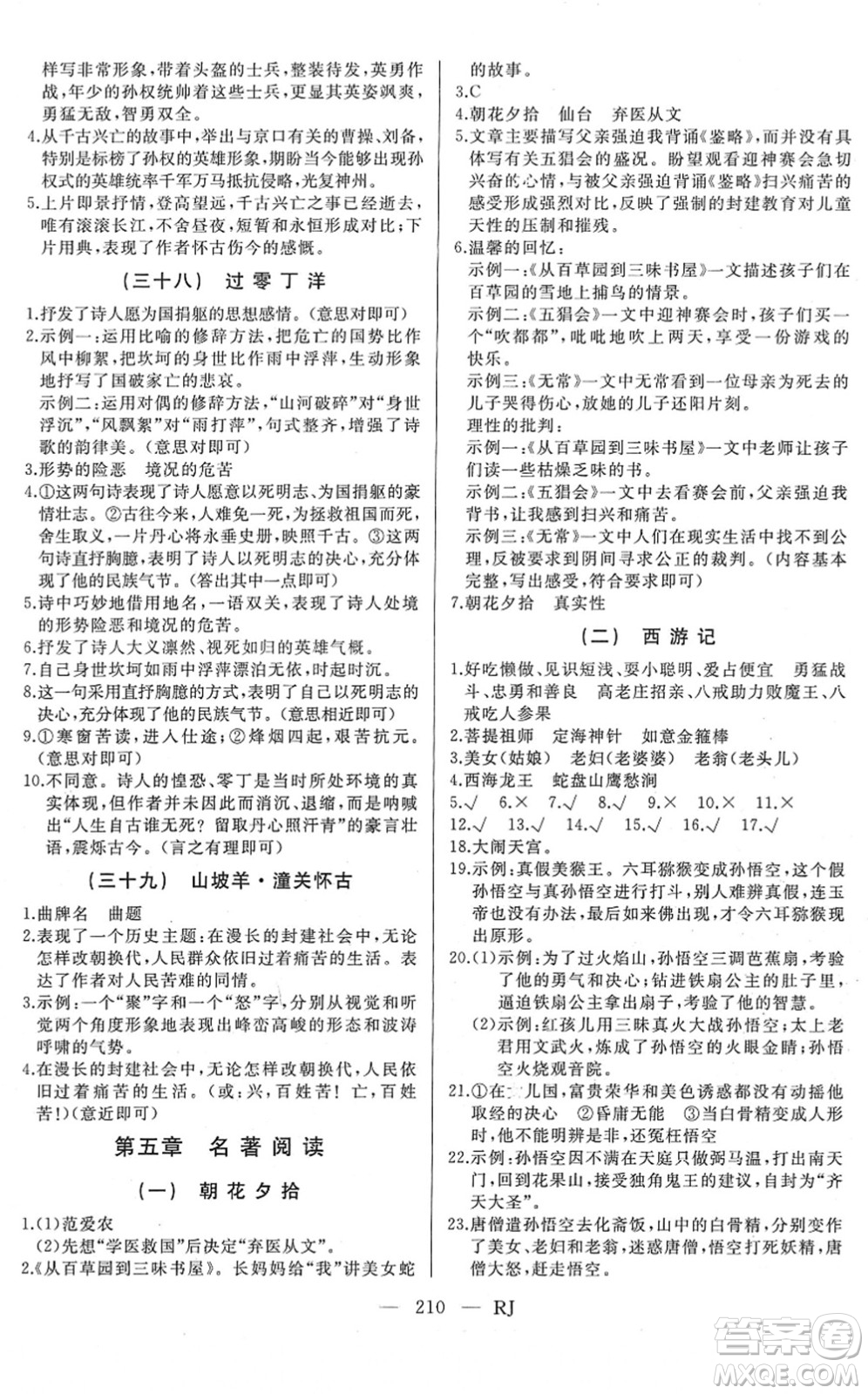 延邊人民出版社2022總復習測試一輪高效復習用書九年級語文人教版答案