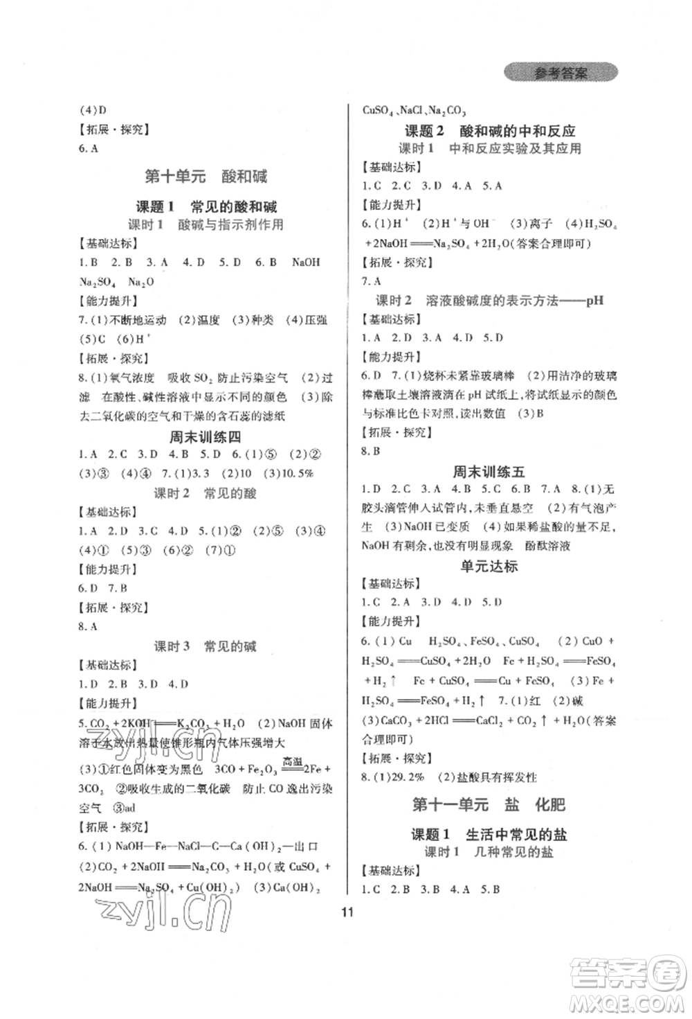 四川教育出版社2022新課程實(shí)踐與探究叢書九年級下冊化學(xué)人教版參考答案