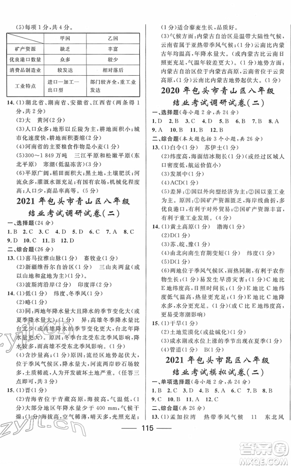 河北少年兒童出版社2022奪冠百分百內蒙古中考試題調研九年級地理人教版答案