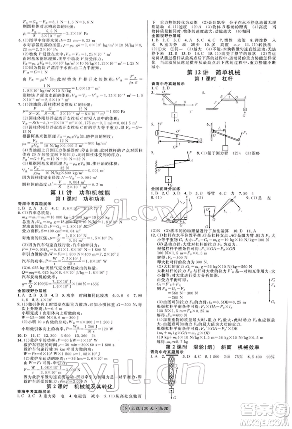 廣東經(jīng)濟(jì)出版社2022火線100天全練本物理通用版青海專版參考答案