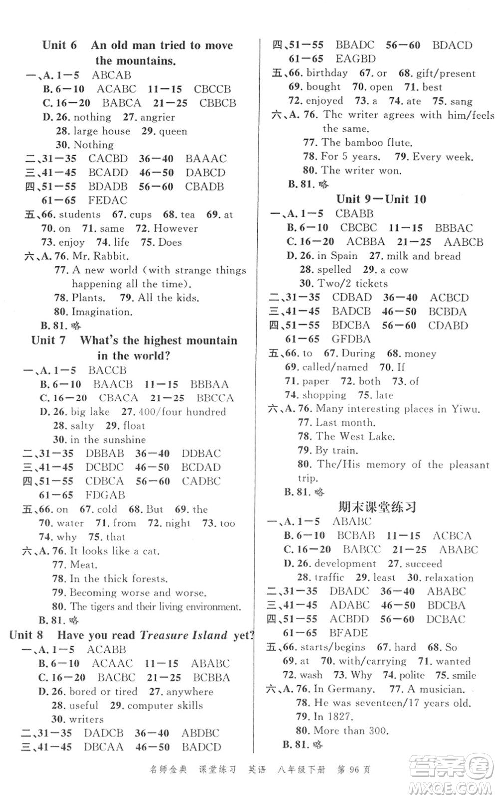 廣東經(jīng)濟(jì)出版社2022名師金典課堂練習(xí)八年級(jí)英語下冊(cè)人教版答案