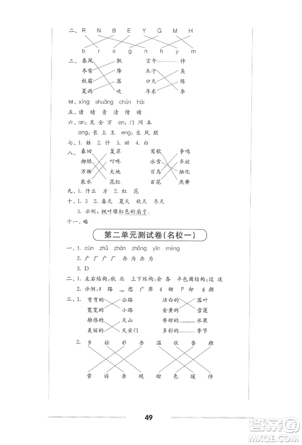 華東師范大學出版社2022上海名校名卷一年級下冊語文人教版參考答案