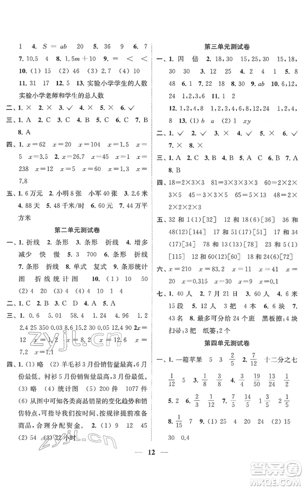 江蘇鳳凰美術(shù)出版社2022隨堂練1+2五年級(jí)數(shù)學(xué)下冊(cè)江蘇版答案