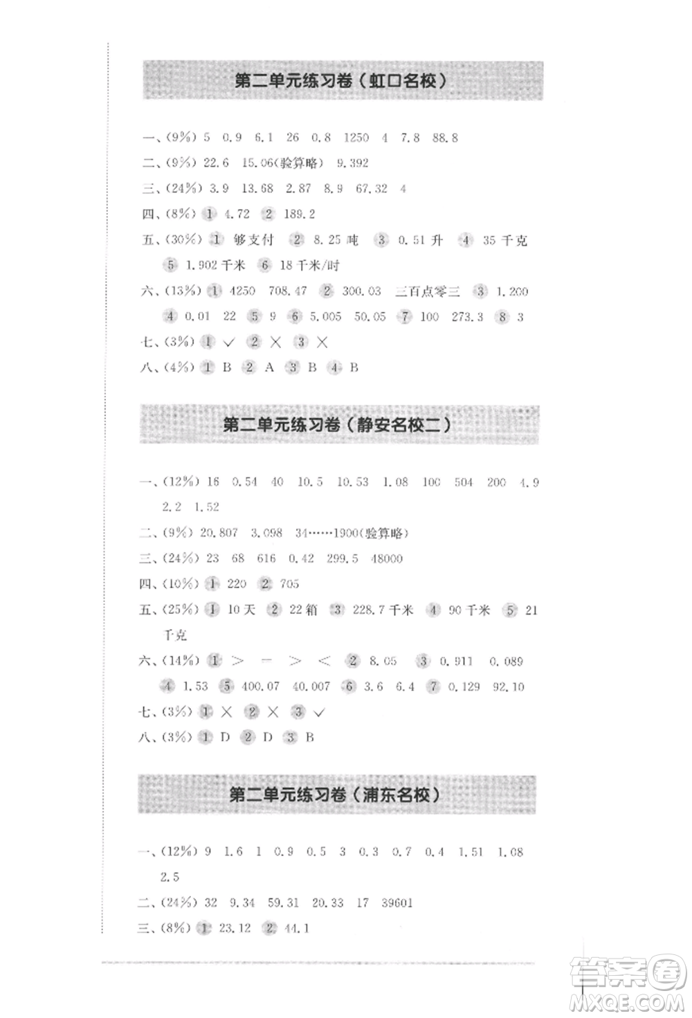 華東師范大學(xué)出版社2022上海名校名卷四年級(jí)下冊(cè)數(shù)學(xué)滬教版參考答案